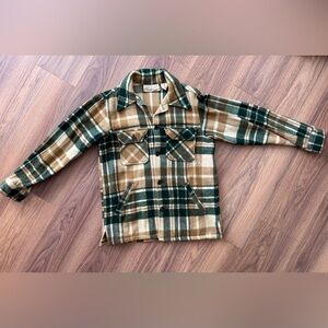 Vintage 60’s Men’s M L.L. Bean Wool Plaid Shirt Jacket Freeport Maine Tan Green